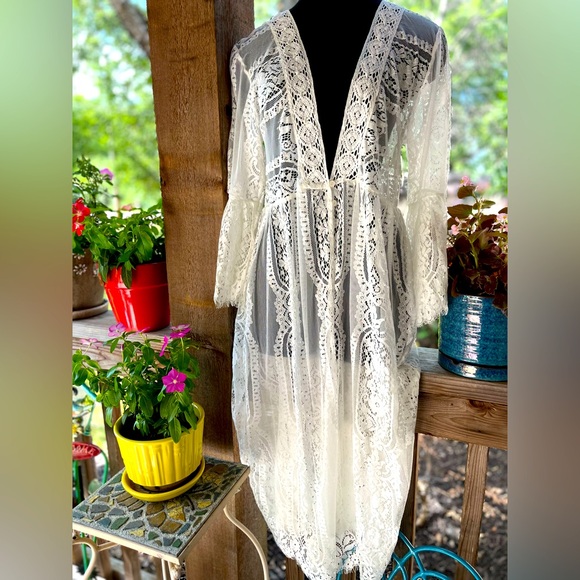 Maurices Sweaters - Maurice’s Ivory Lace Flare Sleeve Two Button 46” Length Duster Cardigan Cover-Up